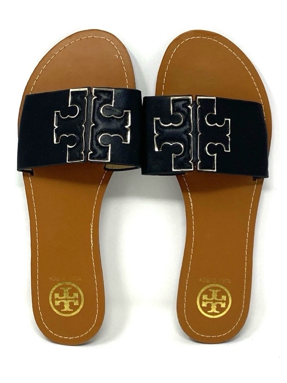 Tory Burch Ines Large Logo Slide Leather Flat Sandals Brown Black EUR 40 / US 10